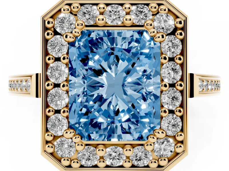 Radiant Cut Halo Engagement Ring Setting for a Fancy Blue Lab-Grown Diamond | Polished Halo Rim | Yellow Gold