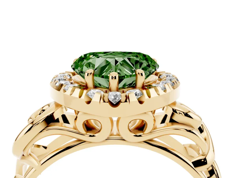Heart-Shaped Filigree Halo Engagement Ring Setting for a Fancy Green Lab-Grown Diamond | Yellow Gold