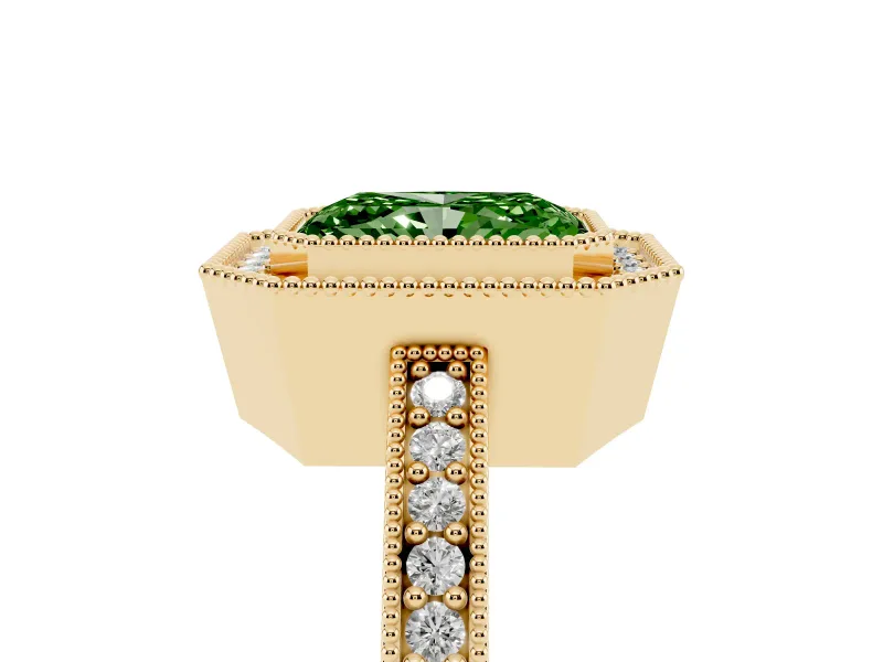 Fancy Green Radiant Cut Diamond Halo Engagement Ring Set in Yellow gold with Pavé Band and Round Halo Stones