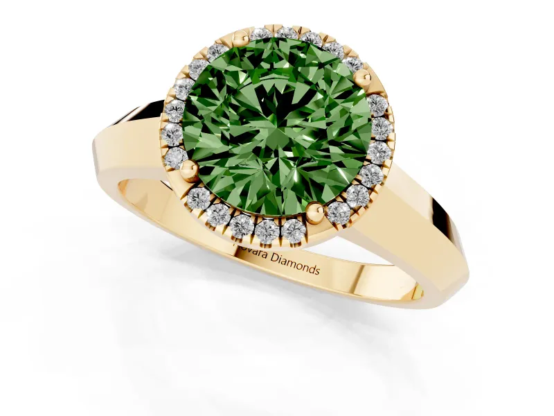 Fancy Green Round Cut Diamond Halo Ring Set in Yellow gold with Cathedral Band and Prong Setting