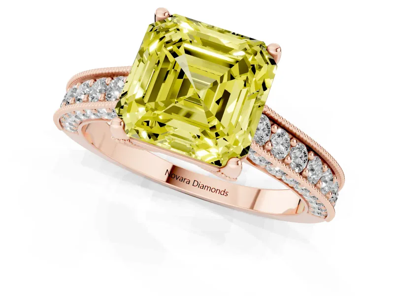 Asscher Cut Hidden Halo Engagement Ring Setting for a Fancy Yellow Lab-Grown Diamond | Milgrain Pave | Rose Gold