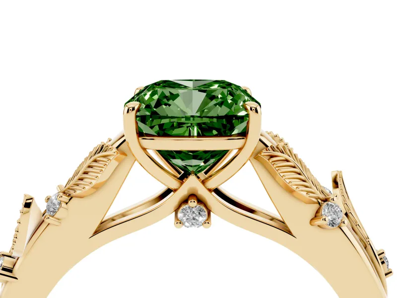 Cushion Cut Leaf Solitaire Engagement Ring Setting for a Fancy Green Lab-Grown Diamond | Yellow Gold