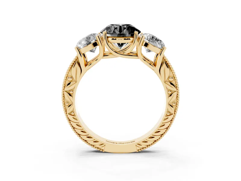 Round Vintage Three Stone Engagement Ring Setting for a Black Center | Yellow Gold