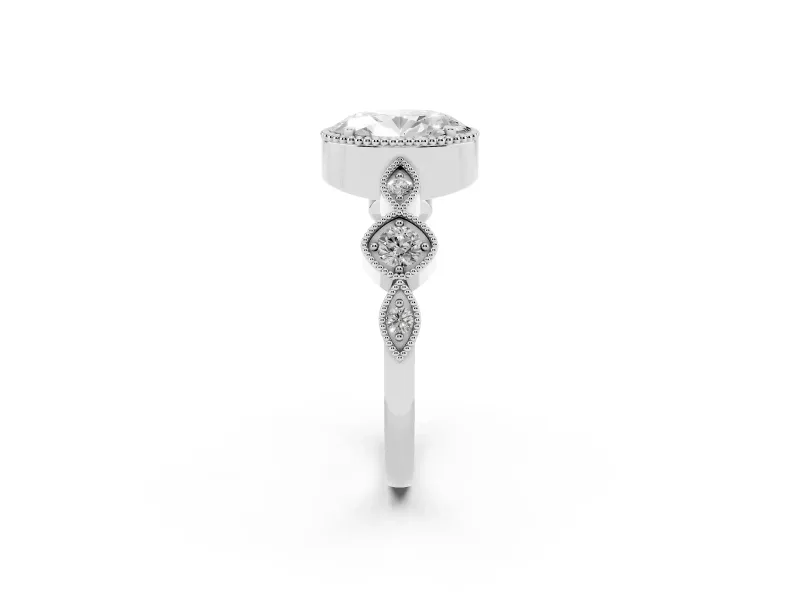 Oval Cut Diamond Vintage-Inspired Milgrain Ring Set in Platinum with Marquise Stations of Round Accents