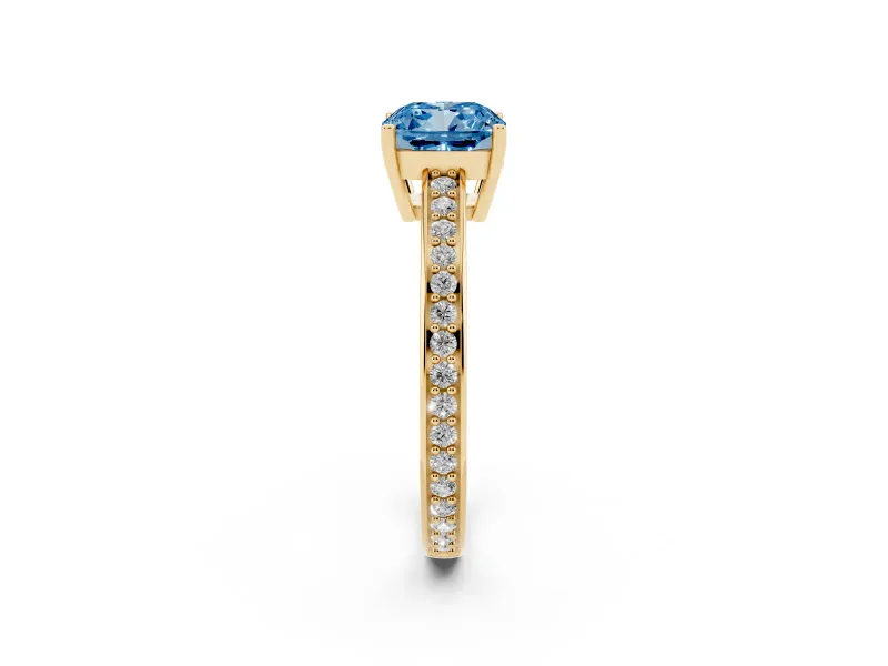 Cushion Cut Pave Solitaire Engagement Ring Setting for a Fancy Blue Lab-Grown Diamond | Accented Basket | Yellow Gold