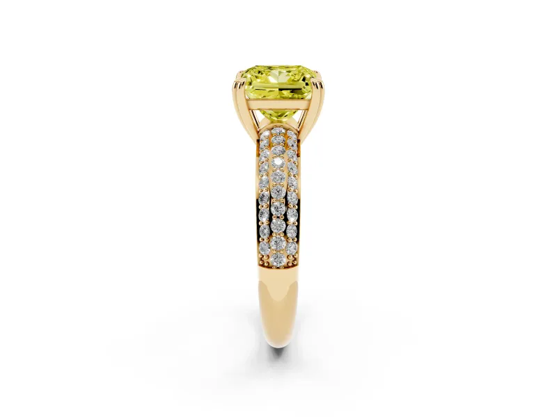 Princess Cut Three Row Pave Engagement Ring Setting for a Fancy Yellow Lab-Grown Diamond | Double Claws | Yellow Gold