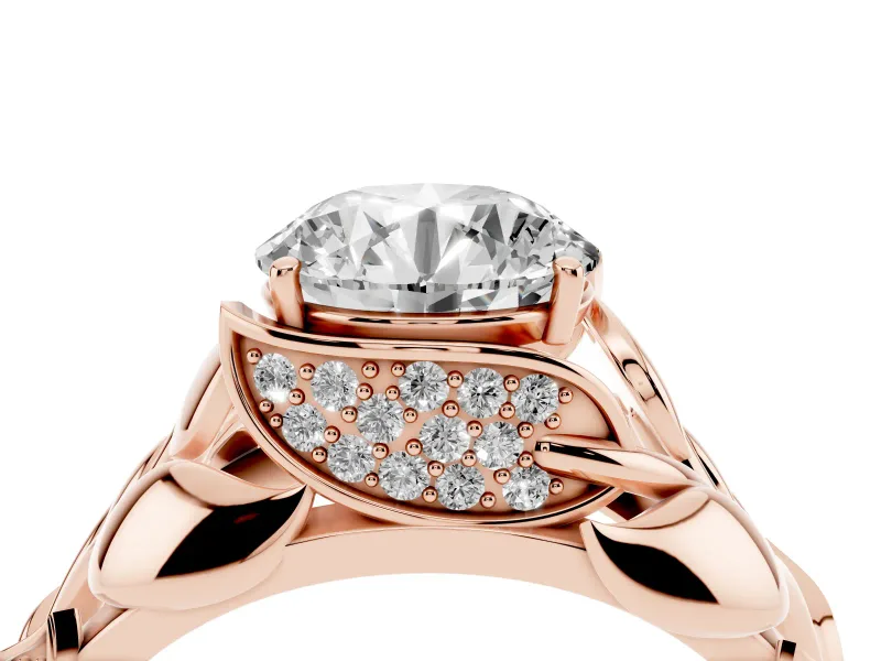 Round Cut Diamond Leaf-Inspired Engagement Ring Set in Rose gold with Round Accents