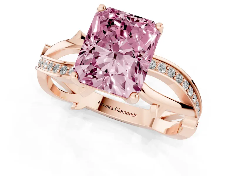 Fancy Pink Radiant Cut Diamond Pavé Twist Band Solitaire Ring Set in Rose gold with Prong Setting