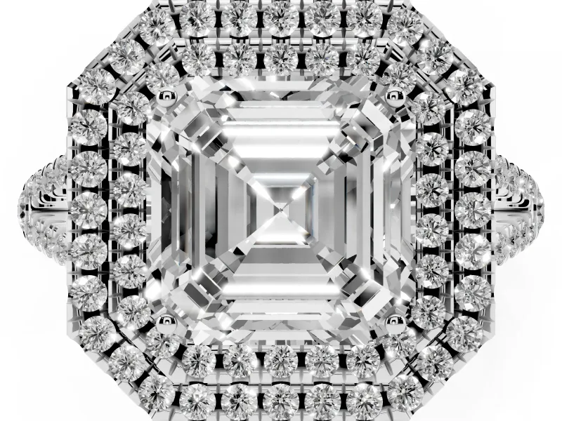 Asscher Cut Double Halo Split Shank Engagement Ring Setting | Pavé Shoulders | Sterling Silver