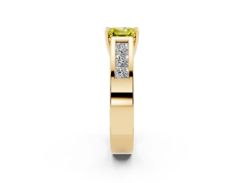 Fancy Yellow Asscher Cut Diamond Solitaire Ring Set in Yellow gold with Channel-Set Accent Stones and Prong Setting