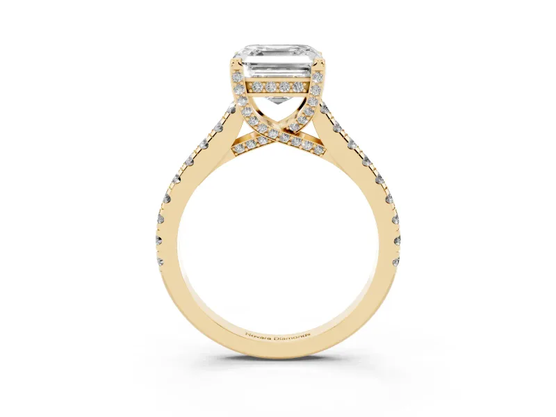 Asscher Cut Hidden Halo Pave Engagement Ring Setting | Claw Prongs | Yellow Gold