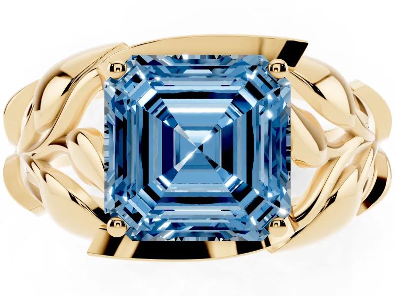 Asscher Cut Leaf Bypass Engagement Ring Setting for a Fancy Blue Lab-Grown Diamond | Yellow Gold