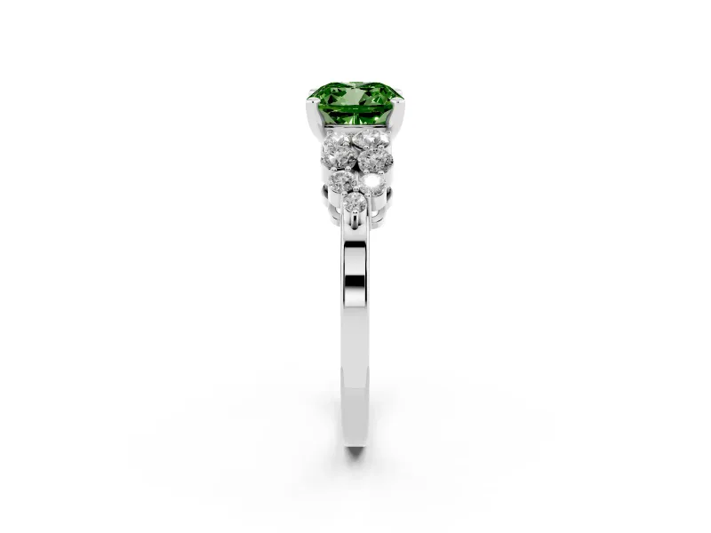 Fancy Green Cushion Cut Diamond Cluster Engagement Ring Set in Platinum with Pavé Band and Prong Setting