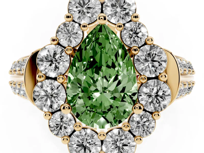 Fancy Green Pear Cut Diamond Halo Engagement Ring Set in Yellow gold with Split Shank and Prong Setting