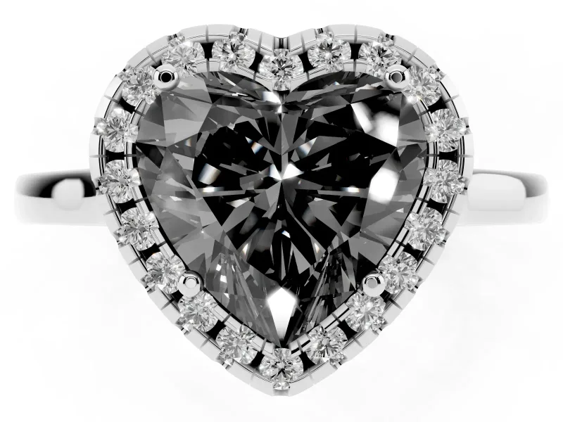 Fancy Black Heart Cut Halo Round Diamond Solitaire Ring Set in Platinum with Pavé Band and Prong Setting