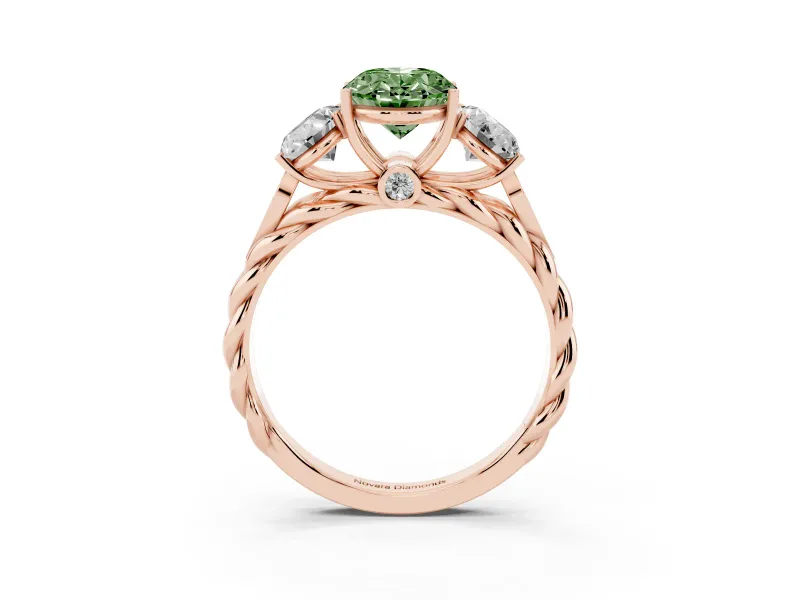 Fancy Green Oval Cut Diamond Three-Stone Ring Set in Rose gold with Braided Band