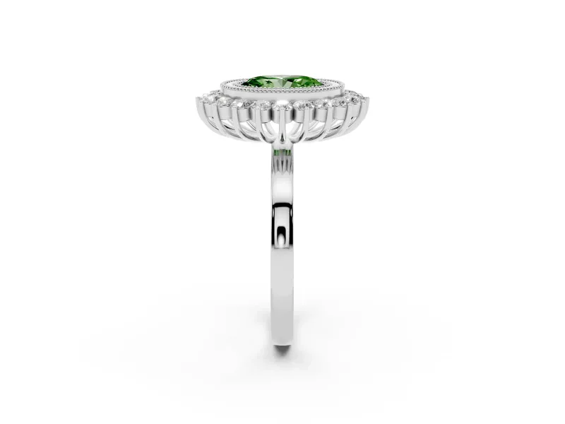 Fancy Green Oval Cut Diamond Halo Ring Set in Silver with Milgrain Edge and Round Prong Setting