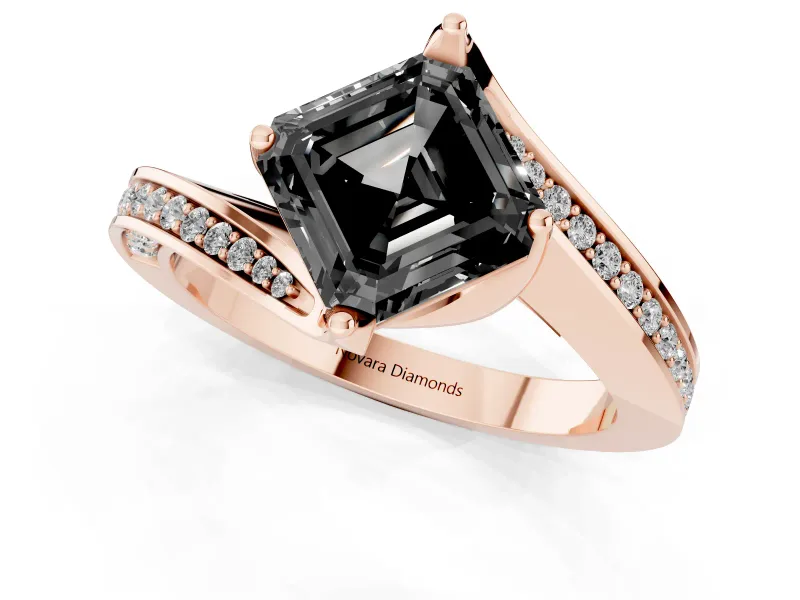 Fancy Black Asscher Cut Diamond Solitaire Ring Set in Rose gold with Intertwined Pavé Twist Band