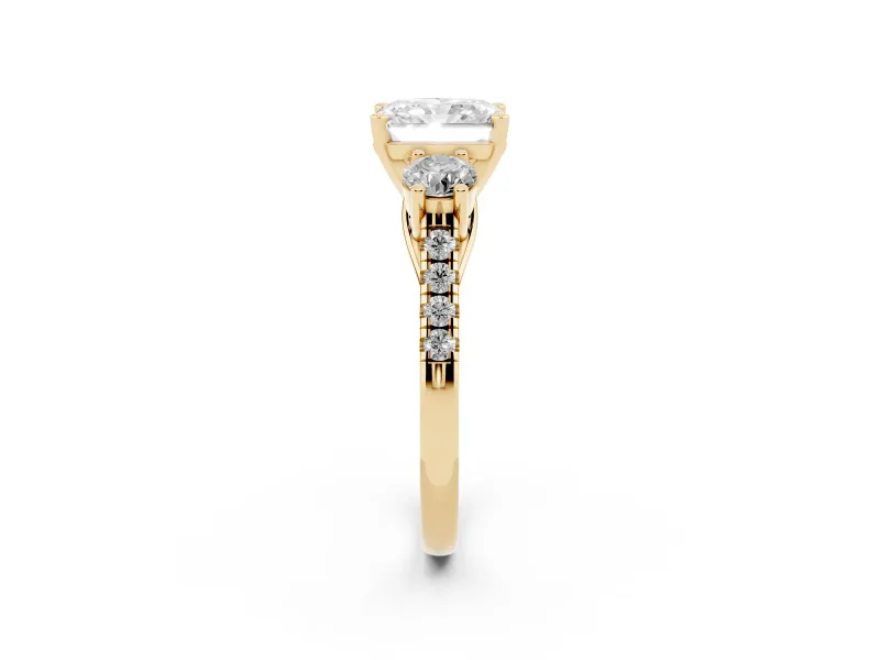 Three-Stone Radiant Cut Diamond Pavé Band Ring Set in Yellow gold with Prong-Set Trio