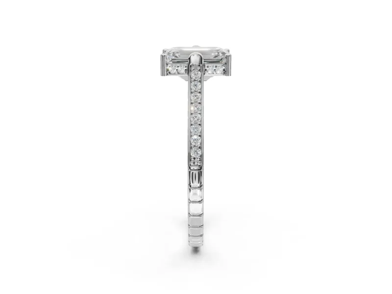 Emerald Cut Vintage Cathedral Engagement Ring Setting | Carved Band | White Gold