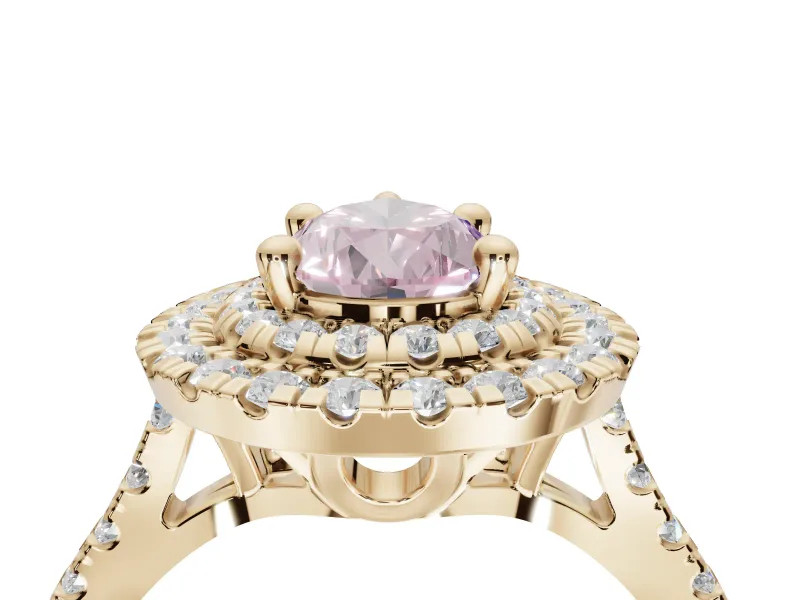 Fancy Pink Pear-Shaped Lab-Grown Diamond Double Halo Statement Ring Set in Yellow Gold with Pavé Band