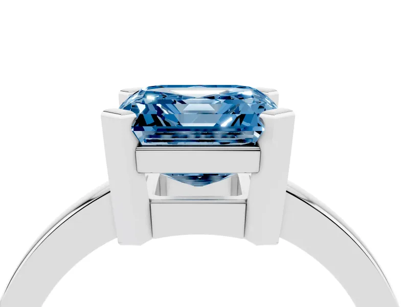 Fancy Blue Asscher Cut Diamond Solitaire Ring Set in White gold with Prong Head and Smooth Polished Band