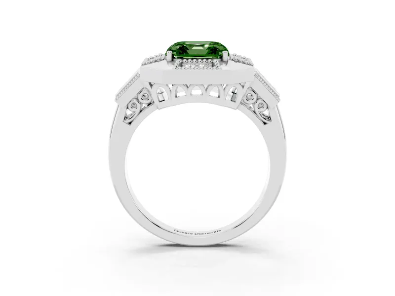 Fancy Green Asscher Cut Diamond Milgrain Halo Ring Set in White gold with Split Shank