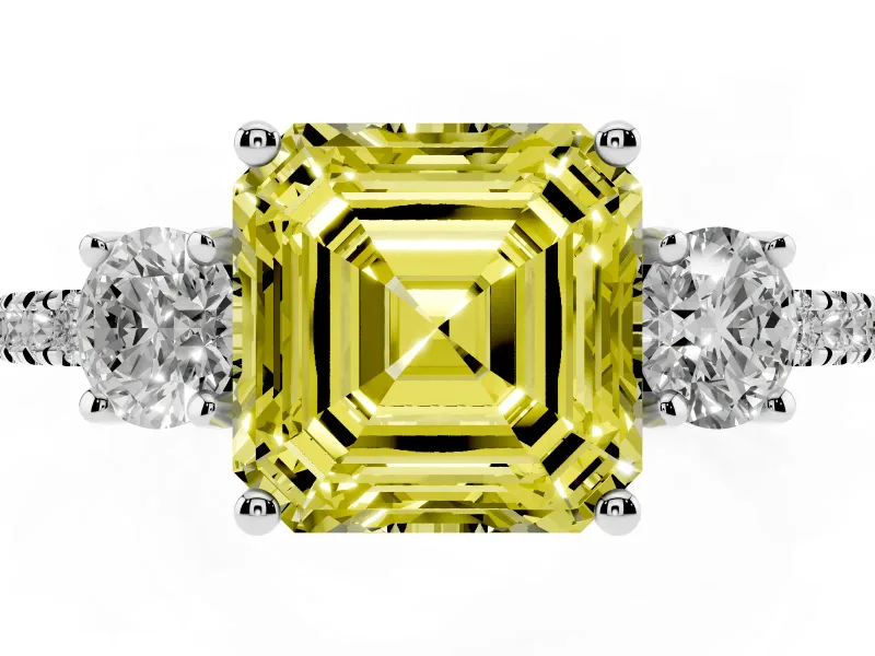 Asscher Cut Three Stone Engagement Ring Setting for a Fancy Yellow Lab-Grown Diamond | Pave Shoulders | Platinum