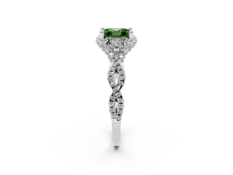 Fancy Green Asscher Cut Diamond Halo Twist Band Solitaire Ring Set in Silver with Prong-Set Center Stone