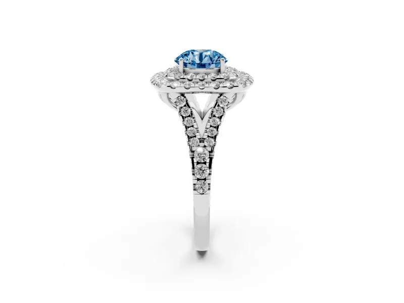 Round Halo Split Shank Engagement Ring Setting for a Fancy Blue Lab-Grown Diamond | Pavé Strands | White Gold