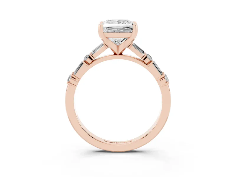 Princess Cut Diamond Solitaire Set in Rose gold with Side Baguettes and Channel Set Band