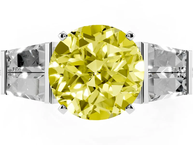 Fancy Yellow Round Cut Diamond Engagement Ring Set in Platinum with Baguette Side Stones and Channel Set Band
