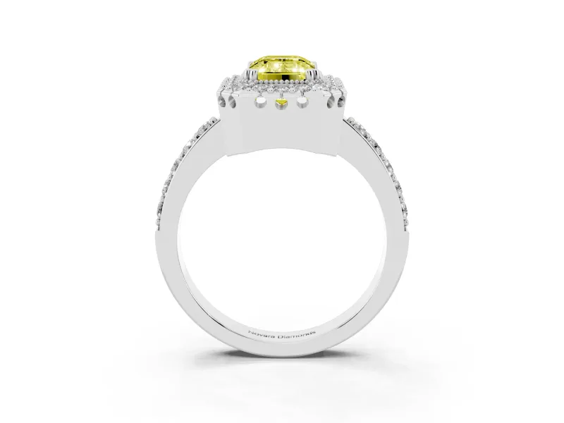 Emerald Cut Milgrain Halo Engagement Ring Setting for a Fancy Yellow Lab-Grown Diamond | Pavé Shoulders | White Gold