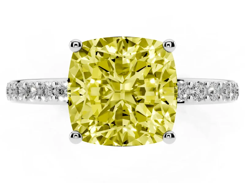 Fancy Yellow Cushion Cut Diamond Pavé Band Ring Set in Platinum with Prong-Set Center Stone