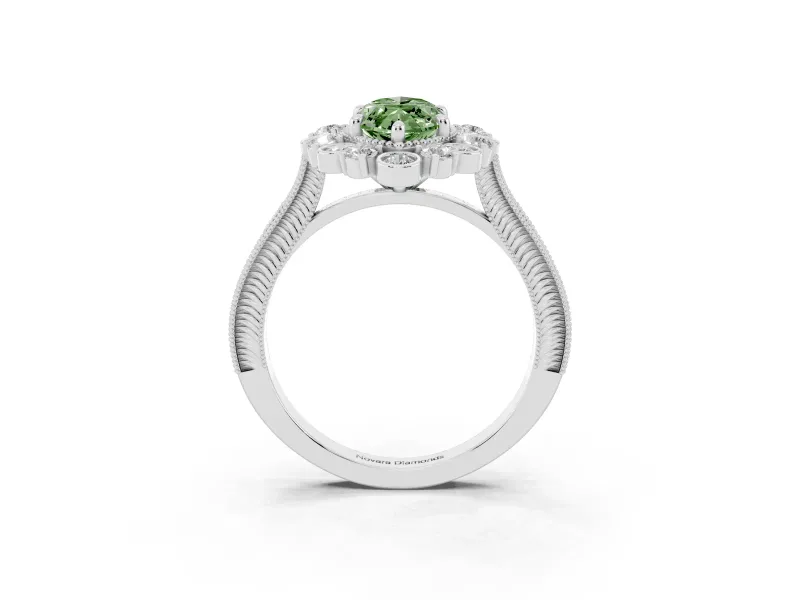 Fancy Green Marquise Cut Diamond Halo Milgrain Pavé Ring Set in White gold with Prong Setting