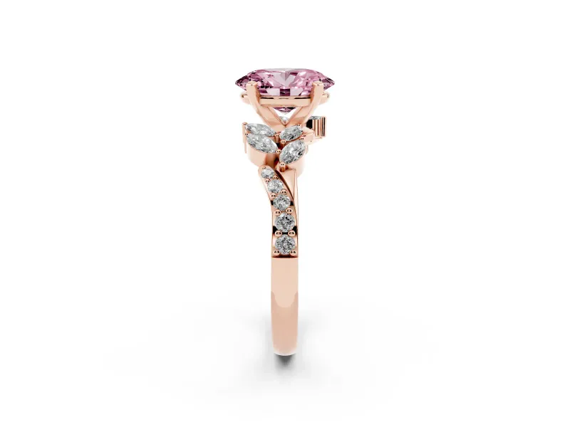 Fancy Pink Oval Cut Diamond Solitaire Ring Set in Rose gold with Marquise Twist Band and Prong Setting