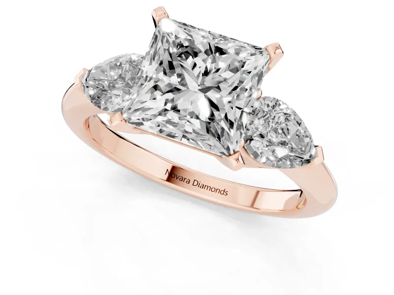 Three-Stone Princess Cut Diamond Ring Set in Rose gold with Pear Side Stones and Prong Setting