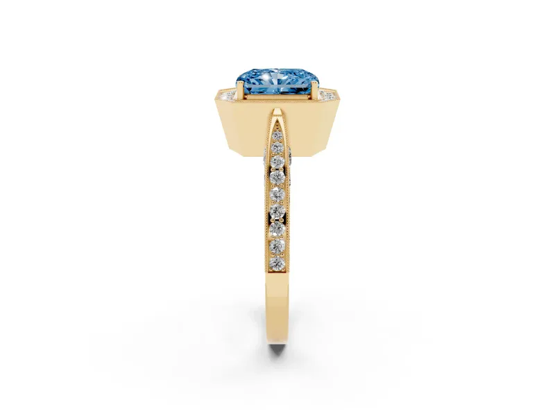 Radiant Cut Milgrain Halo Engagement Ring Setting for a Fancy Blue Lab-Grown Diamond | Side Stones | Yellow Gold