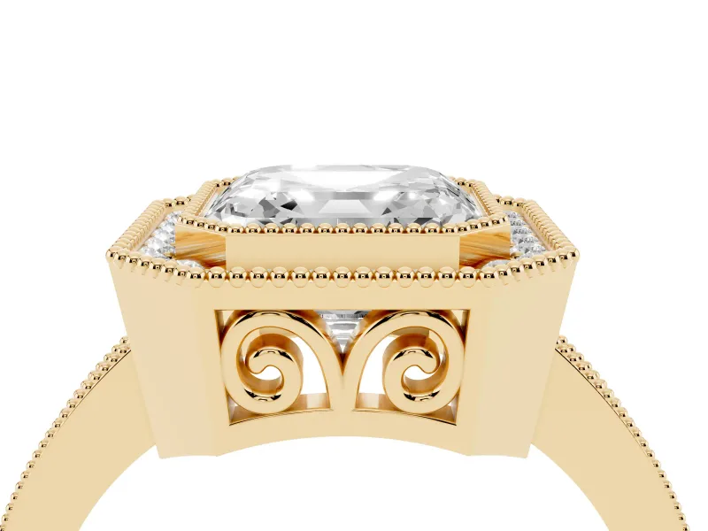 Asscher Cut Diamond Halo Ring Set in Yellow gold with Pavé Band and Milgrain-Edged Prongs