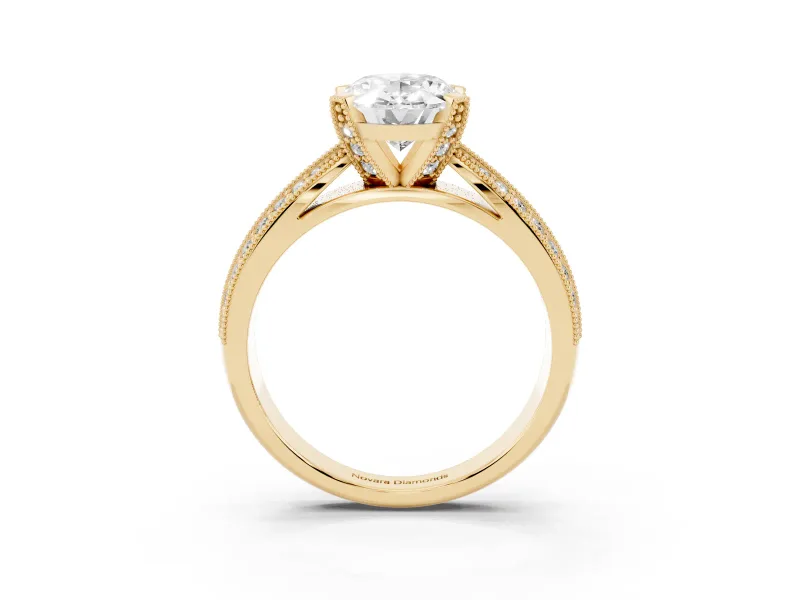 Oval Cut Diamond Solitaire Ring Set in Yellow gold with Milgrain Double Row Round Pavé Band