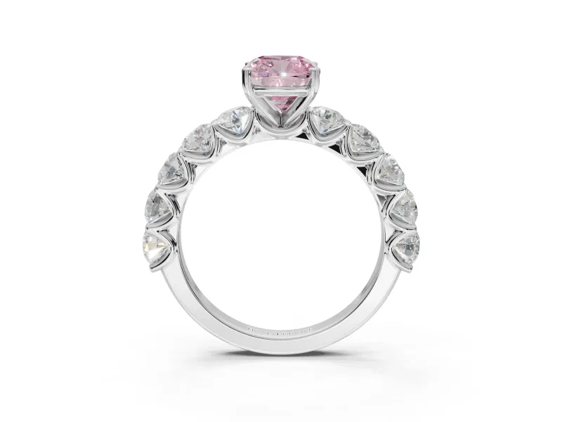 Cushion Cut Side Stone Engagement Ring Setting for a Fancy Pink Lab-Grown Diamond | Scalloped Prong Accents | White Gold
