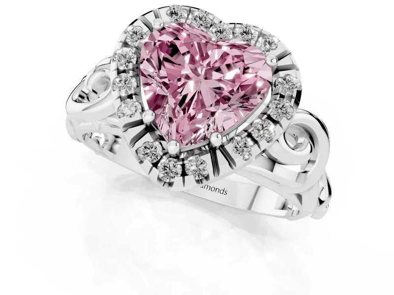 Fancy Pink Heart Cut Diamond Halo Ring Set in White gold with Scrollwork Band and Prong Setting
