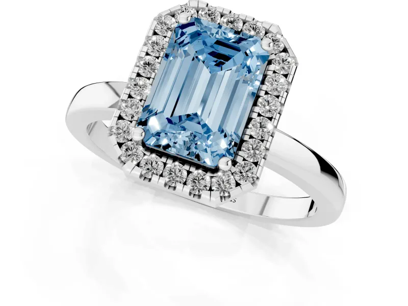 Fancy Blue Emerald Cut Diamond Halo Solitaire Ring Set in White gold with Pavé Band and Prong Setting