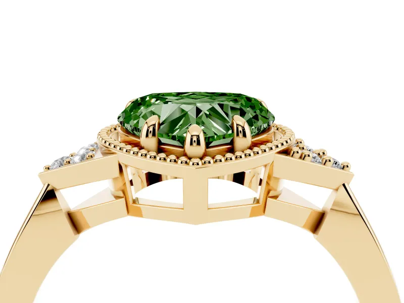 Fancy Green Heart Cut Diamond Milgrain Solitaire Ring Set in Yellow gold with Tapered Pavé Band and Prong Setting