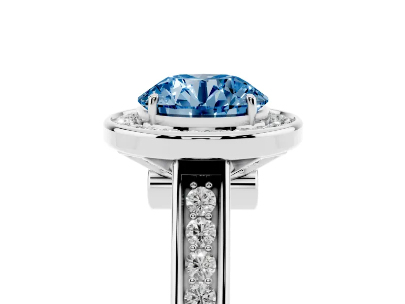 Fancy Blue Round Cut Diamond Halo Solitaire Ring Set in Platinum with Pavé Band and Bezel Setting