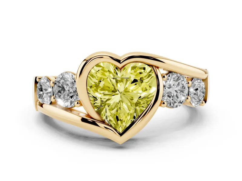 Fancy Yellow Heart Cut Diamond Bezel Bypass Ring Set in Yellow gold with Round Accents