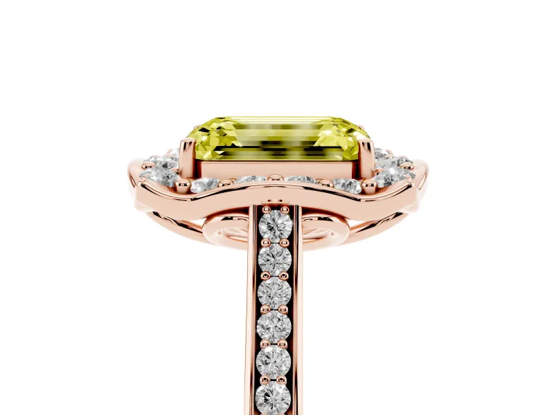 Emerald Cut Petal Tip Halo Engagement Ring Setting for a Fancy Yellow Lab-Grown Diamond | Pavé Band | Rose Gold