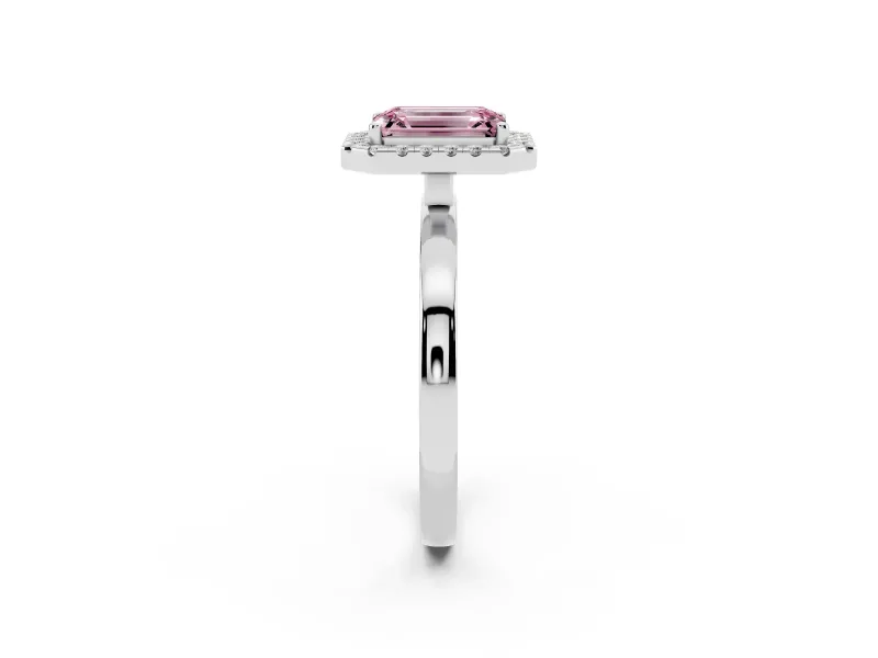 Fancy Pink Emerald Cut Diamond Halo Solitaire Ring Set in Silver with Pavé Band and Prong Setting