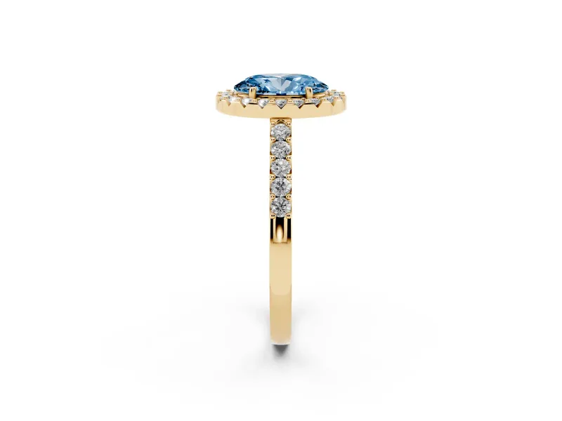 Fancy Blue Oval Cut Diamond Halo Pavé Solitaire Ring Set in Yellow gold with Prong-Set Center Stone