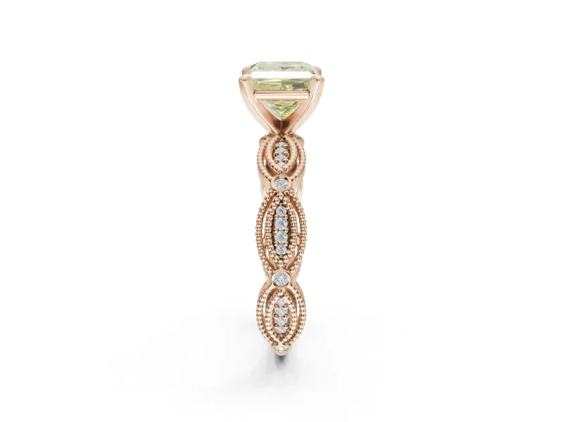 Princess Cut Vintage Engagement Ring Setting for a Fancy Yellow Lab-Grown Diamond | Graduated Stations | Rose Gold